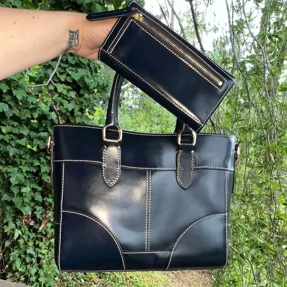 DOONEY & Bourke Leather Handbag Selleria Jayne Navy Leather Satchel Bag & Wallet - Picture 2 of 8